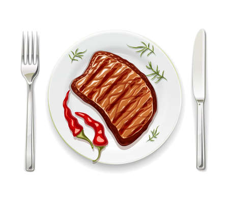Meat steak at plate with fork and spoon. Realistic grilled meal. Cook beef steaks. Grill food. Concept for serving roasted pork. Isolated white background. EPS10 vector illustration.のイラスト素材