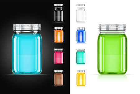 Jar with cap for trendy drink. Smoothie, juice, water capacity. Cup mock-up. Realistic glass dishes. Food utensils. Isolated white background. EPS10 vector illustration.のイラスト素材