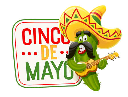Character for Cinco de Mayo celebration. Green cactus jalapeno in suit mariachi with guitar and sombrero. Mexicano guitarist ethnic play music for national Mexico holiday. Isolated white background. EPS10 vector illustration.のイラスト素材