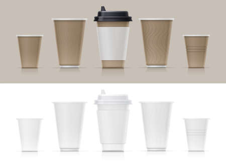Paper cup for fast-food drink. Eco mug for tea, coffee, water. Collection realistic trendy utensils for coffeeshop. Set of Recycling cardboard container. Tableware mock-up. Isolated white background. EPS10 vector illustration.のイラスト素材