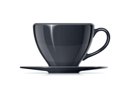 Ceramic cup with plate for tea, coffee and hot beverage. Black mug for drink. Mock-up classic porcelain utensils. EPS10 vector illustration.のイラスト素材