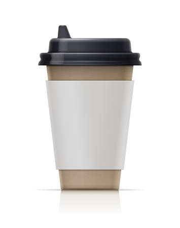 Paper cup for fast-food drink. Eco mug for tea, coffee, water. Realistic trendy utensil for coffeeshop. Recycling cardboard container. Tableware mock-up. Isolated white background. EPS10 vector illustration.のイラスト素材