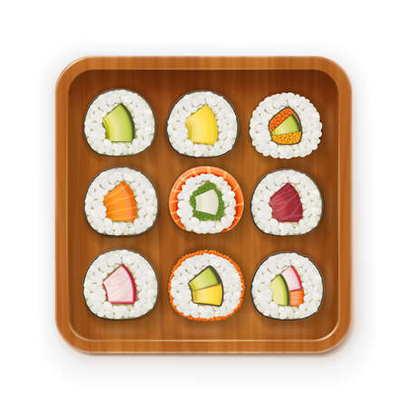 Set sushi rolls with various ingredient on wooden tray. Fast-food collection. Traditional japanese healthy food with rice, cucumber, avocado, fish, meat. Japan snack asian eating. Isolated white background. EPS10 vector illustration.のイラスト素材