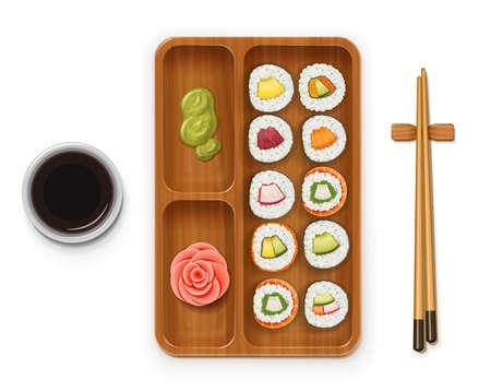 Set sushi rolls with various ingredient on wooden tray. Fast-food collection. Traditional japanese healthy food with rice, cucumber, avocado, fish, meat. Japan snack asian eating. Isolated white background. EPS10 vector illustration.のイラスト素材