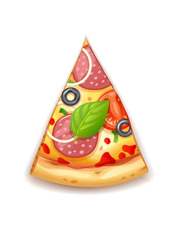 Fresh pizza with tomato, cheese, olive, sausage, onion, basil. Traditional italian fast food. Top view meal. European snack. Isolated white background. EPS10 vector illustration.のイラスト素材