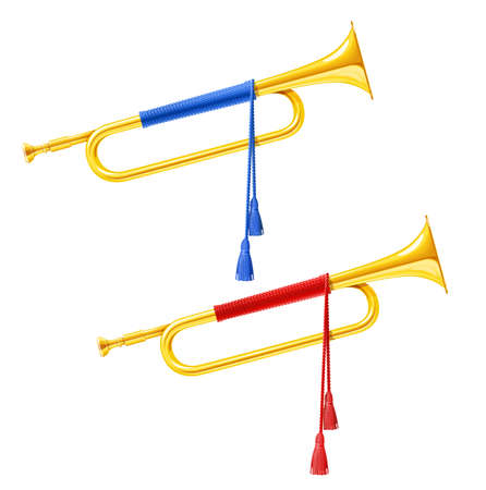 Golden royal horn trumpet with blue and red pompon. Musical instrument for king orchestra. Gold Royal fanfare for play music. Isolated white background. EPS10 vector illustration.のイラスト素材