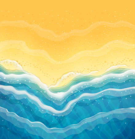 Sea wave and sand beach. Top view. Ocean coast. Travel background. Summer time rest concept. Tourist seaside season. EPS10 vector illustration.のイラスト素材