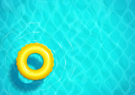 Swimming pool with rubber ring for swim. Sea water. Ocean surface with wave. Top view. Blue aqua...