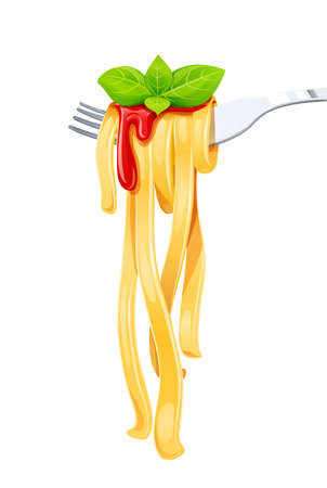 Pasta at fork with basil and sauce. Spaghetti. Organic meal. Traditional italian food. Natural eating. Cooking lunch. Macaroni design. Isolated white background. Eps10 vector illustration.のイラスト素材