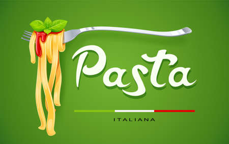 Pasta at fork with basil and sauce. Concept for traditional italian food. Spaghetti. Organic meal. Natural eating. Cooking lunch. Macaroni design. Green background. Eps10 vector illustration.のイラスト素材