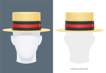 Vintage classic boater straw hat at manikin. Stylish cylinder headgear for gentleman. Retro wear accessory. Male fashion. Man face avatar.のイラスト素材