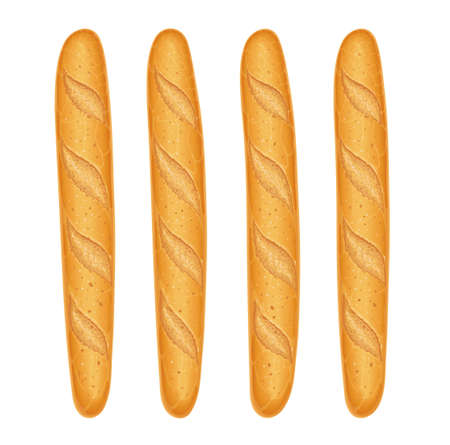 French baguette bread. Fresh baking. Set of tasty food. Baked goods for lunch. Traditional meal. Bakery for breakfast. Isolated white background. Eps10 vector illustration.のイラスト素材