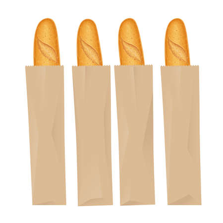 French baguette bread. Fresh baking. Set of tasty food. Baked goods for lunch. Traditional meal. Bakery for breakfast. Isolated white background. Eps10 vector illustration.のイラスト素材