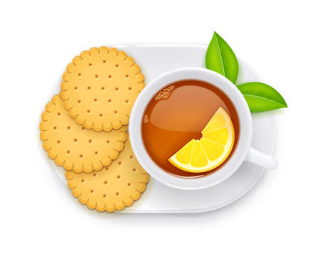 Tea cup and biscuit on plate. Traditional hot drink for breakfast. Tea time. Herbal tonic beverage. Isolated white background. Eps10 vector illustration.のイラスト素材