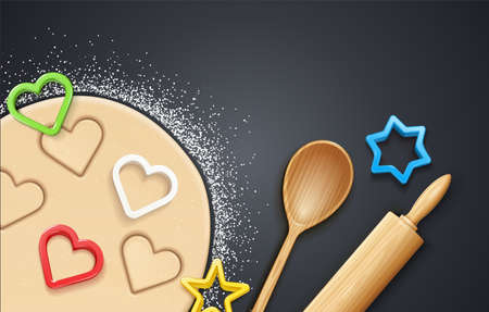 Wooden rolling pin, kneading dough with flour and cookie cutter. Concept design for baking, cookie, biscuit. Dark background. Eps10 vector illustration.のイラスト素材