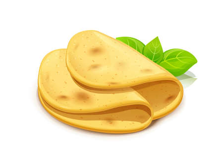 Corn tortilla for taco and burrito. Roasted lavash. Pita bread. Isolated on white background.のイラスト素材