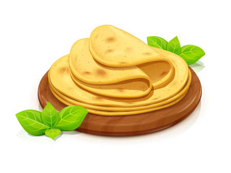 Corn tortilla for taco and burrito. Roasted lavash. Pita bread. Isolated on white background.のイラスト素材