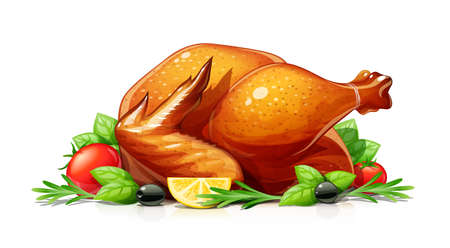 Roasted turkey. Christmas and thanksgiving day treat. Grill chicken food, Isolated on white background.のイラスト素材