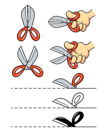 Scissors in arm cut paper. Design element. Cartoon. Set, Isolated on white background. Eps10 vector illustration.のイラスト素材