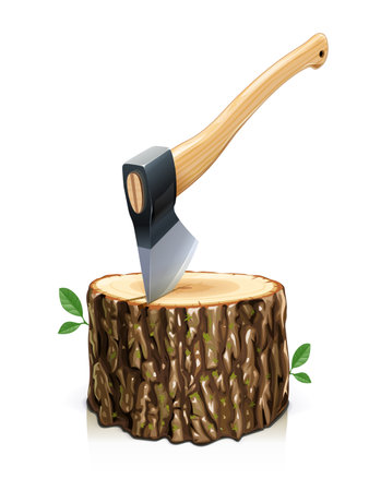 Axe with stump. Manual tool for chop wood. Ax steel build cut equipment. Isolated on white background. vector illustration.のイラスト素材