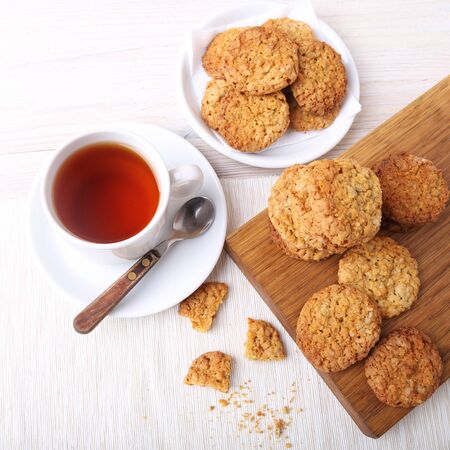 Tasty cookies and cup of tea. Top viewの写真素材