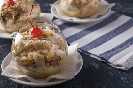 Cake in a glass bowl. Space for text. Copyspaceの写真素材