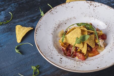 Delicious Mexican salad with smoked chicken and corn chips on a plate. Copy space