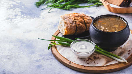 Meat soup with mushrooms in a pot. Copy space.