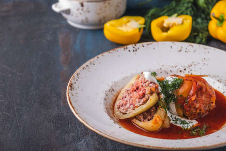Delicious stuffed peppers with meat on a plate with copy space. Diet and healthy foodの写真素材
