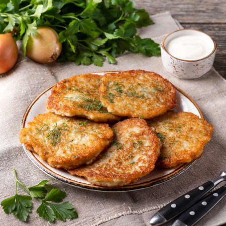 Crispy potato pancakes on a plate.の写真素材