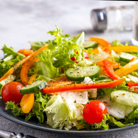 Pepper, tomatoes, cucumber and lettuce on a plate. Diet conceptの写真素材