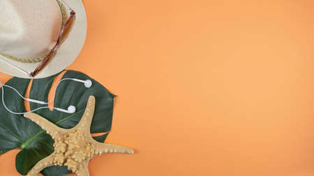 Summer beach background with hat, sunglasses, headsest, sea star and green tropical leaves. Top view, text spaceの写真素材