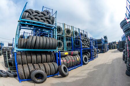 A lot of the tires is in stock in outdoorの写真素材