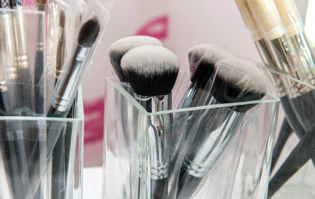 Professional make-up accessories on tableの写真素材