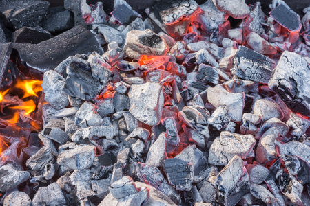 hot birch charcoal for barbecue is in the grill