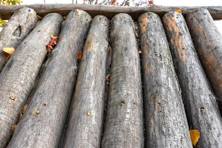 The wooden log roof of the old village well. Natural wooden background close-up.の写真素材