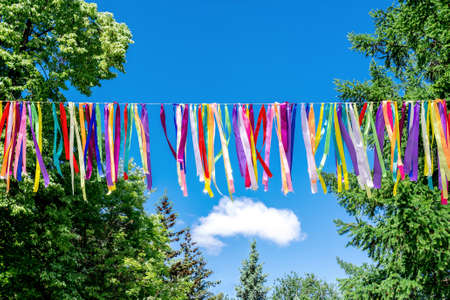 Hanging colorful ribbons on the background of trees and blue sky. Decorative decoration of the holiday outside the cityの写真素材