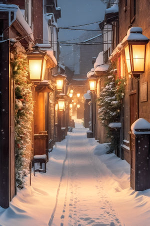 Snowy street in old town of Gdansk, Poland.の素材