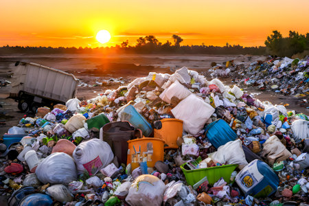 Pile of garbage on the beach at sunset. Pollution conceptの素材
