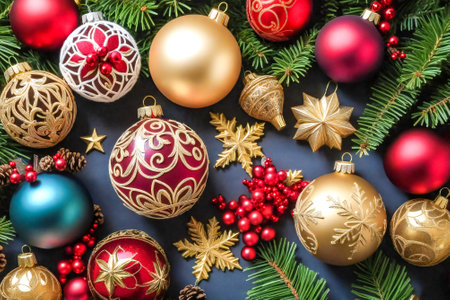 Christmas background with fir branches, red and golden baubles and decorationsの素材