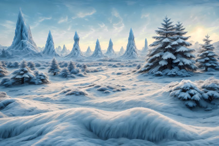 Frozen winter forest with snow covered trees. 3d illustration.の素材