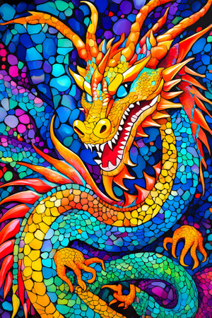 Colorful dragon on blue background.の素材