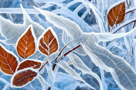 Frosted leaves on a branch in winter. Close-up.の素材