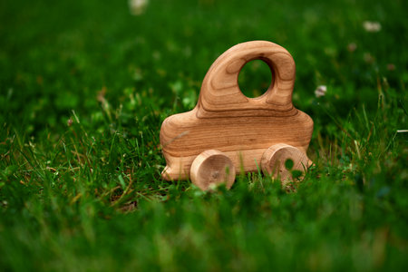 Natural wooden toy made of walnut wood on a green background. High quality photoの写真素材