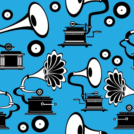 seamless retro gramophone on blue backgroundのイラスト素材