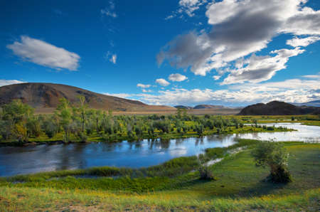 Sunny mountain landscape with a beautiful view of the river. Altai.の写真素材