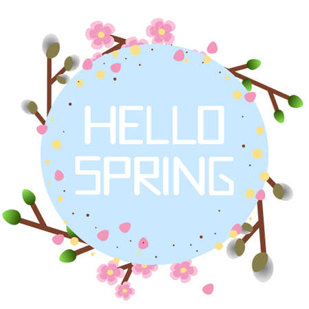 Circle frame hello spring. Spring greeting card with text "hello Spring" in which there are many flowers, herbs and floral motifs.のイラスト素材