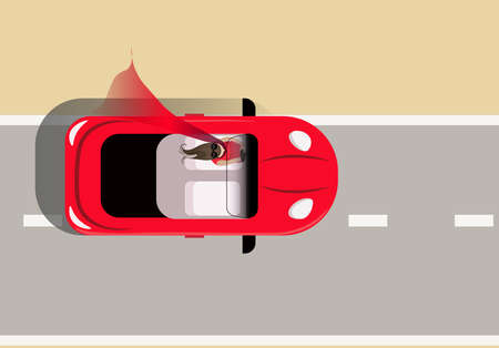 Woman in red, traveling in a convertible, view from above. Flat vector illustration.のイラスト素材