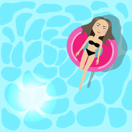 The girl in the swimming pool, on the rubber ring. Flat vector illustration.のイラスト素材