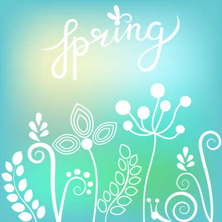 Lettering "Spring" with the floral of the line. Background from multi-colored meshのイラスト素材